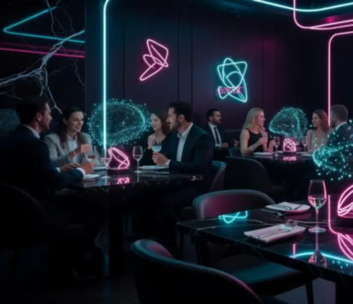Guests gathered around glowing tables in a cyberpunk-inspired restaurant setting