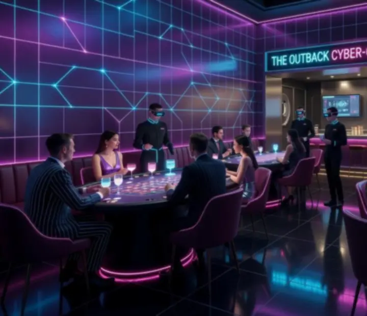 Cyberpunk restaurant floor with neon-lit tables prepared for an evening service