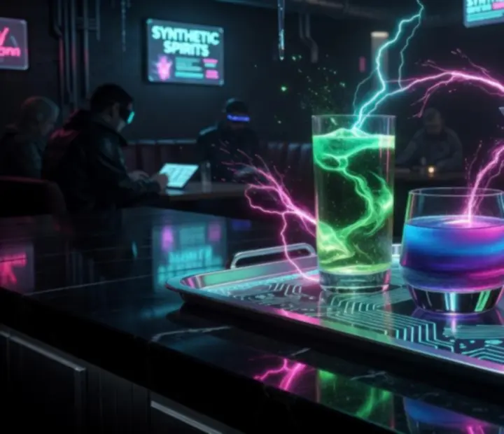 Neon-lit cocktails lined up on a reflective bar at NAXSOL ENTERPRISES LTD