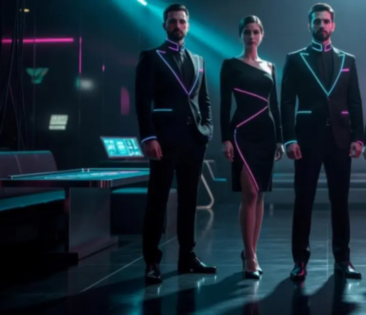 Professional croupier team in neon lighting, prepared to host offline casino-style tables.