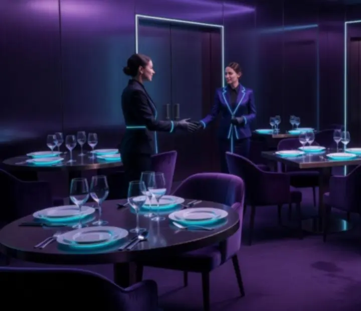 Luminous dining room with glowing grid lines, moody lighting, and attentive hosts waiting by neon tables