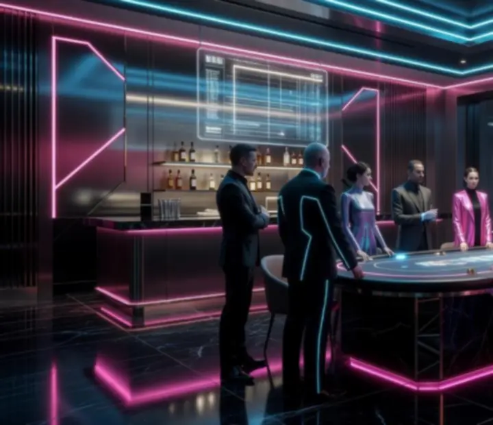 Dark cyberpunk dining room with neon cyan and fuchsia lighting over casino-style tables at NAXSOL ENTERPRISES LTD.