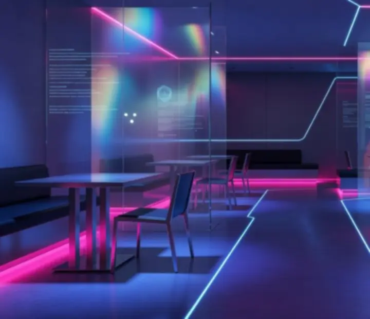 Moody blue-violet and fuchsia lighting creating a cyberpunk dining atmosphere