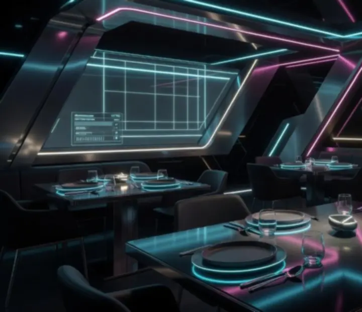 Cyberpunk-style dining room with neon grid lighting at NAXSOL ENTERPRISES LTD
