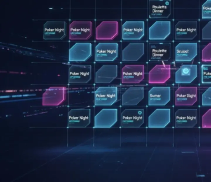 Neon event matrix cards showing poker, roulette, blackjack and dining schedules