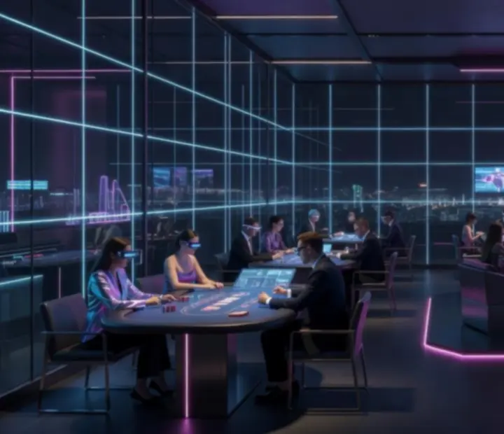 Neon-lit futuristic restaurant interior with casino-style tables prepared for late-night dining.