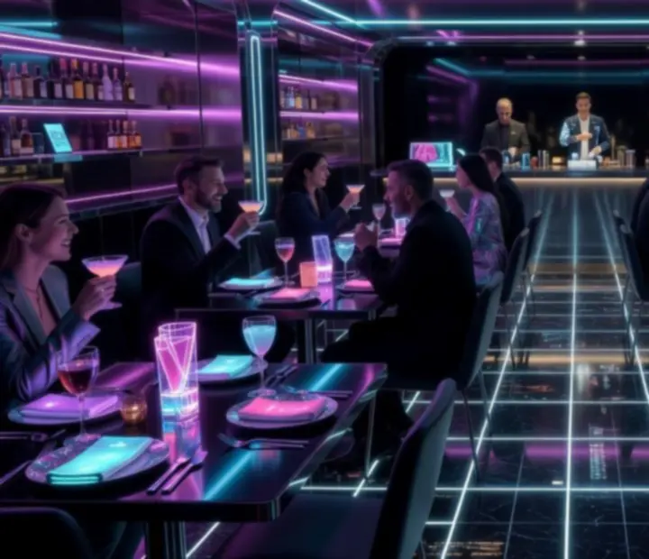Group enjoying a neon-lit late-night dinner at NAXSOL ENTERPRISES LTD