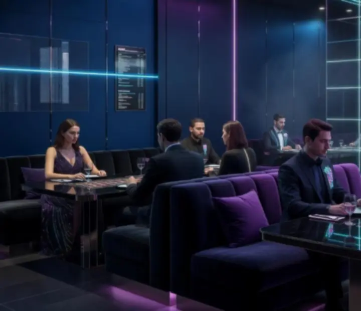 Neon-lit restaurant interior with cyberpunk-inspired lighting and table settings