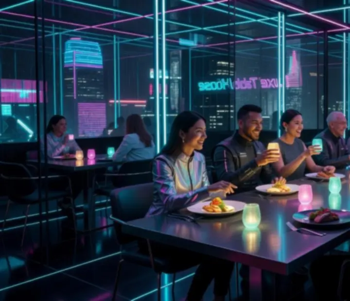Wide shot of cyberpunk-inspired dining tables with neon lighting, glassware, and guests in silhouette.