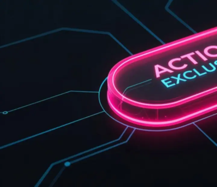Abstract neon cyan and fuchsia detail hovering like a trigger beside the call to action.