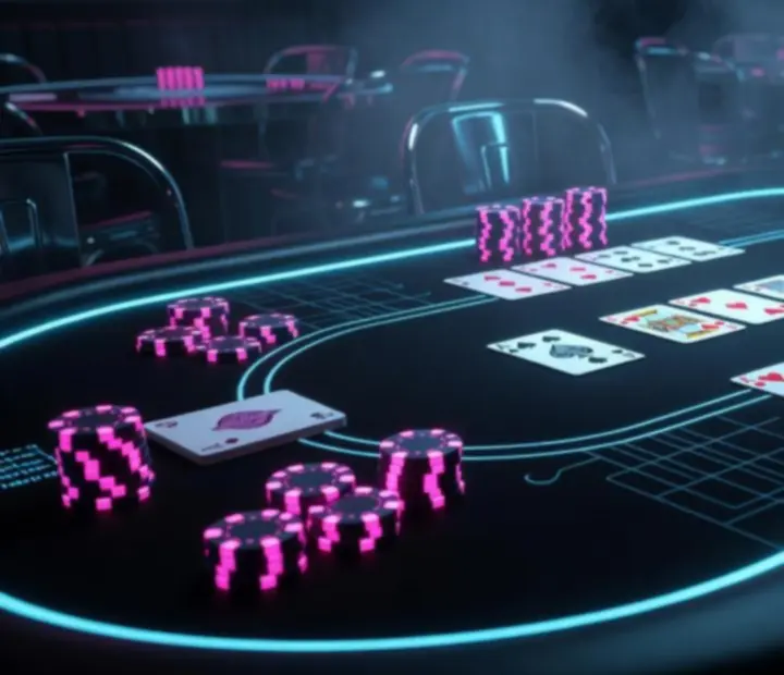 Glowing poker table with cards and chips illuminated in cyan and fuchsia light