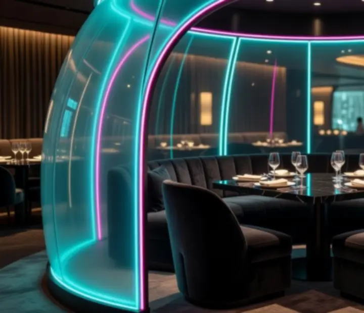 Private dining pod with glowing glass panels overlooking the NAXSOL ENTERPRISES LTD floor