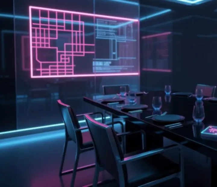 Private neon-futurist dining room at NAXSOL ENTERPRISES LTD with glowing table surfaces and dark upholstered seating.