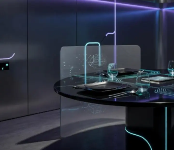 Dimly lit private dining table framed by cyan grid lighting and neon fuchsia highlights.