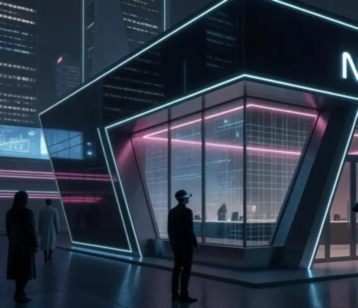 Neon-lit skyline above a dark restaurant interior at NAXSOL ENTERPRISES LTD