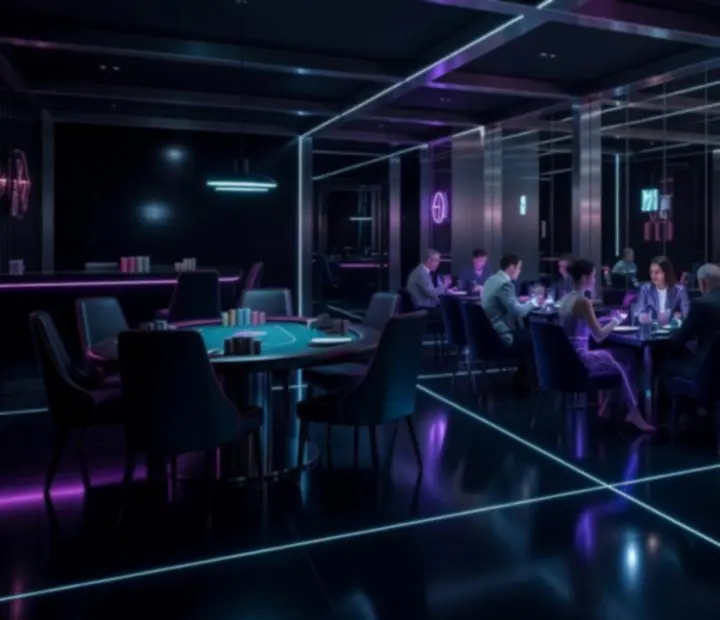 Neon-accented dining room with layered cyberpunk lighting and dark table settings