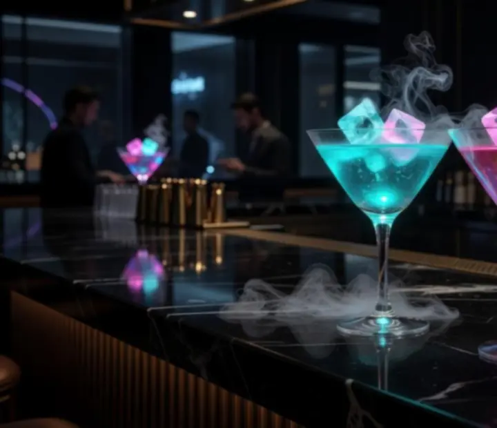 Array of cyberpunk-inspired signature cocktails in blue and fuchsia tones