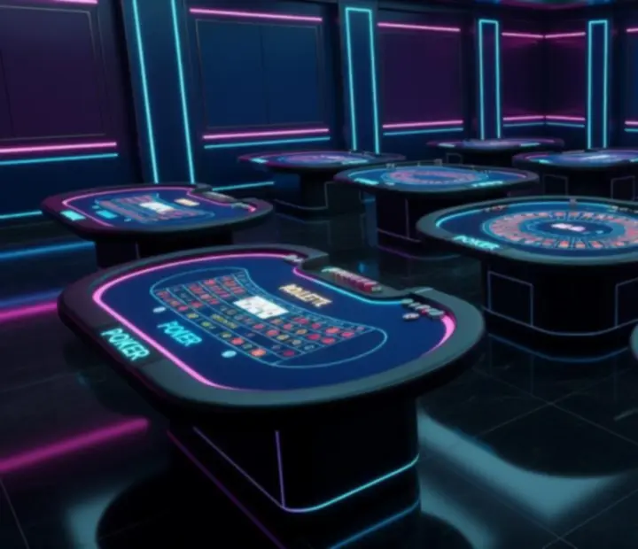 Overhead view of multiple neon-lit casino-style tables arranged in a futuristic dining matrix.
