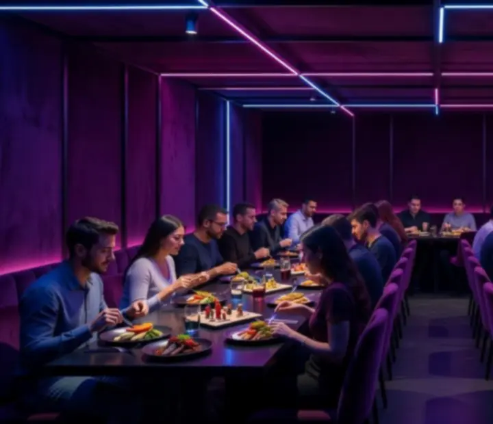 Wide cinematic shot of NAXSOL ENTERPRISES LTD dining room glowing in cyan and fuchsia light